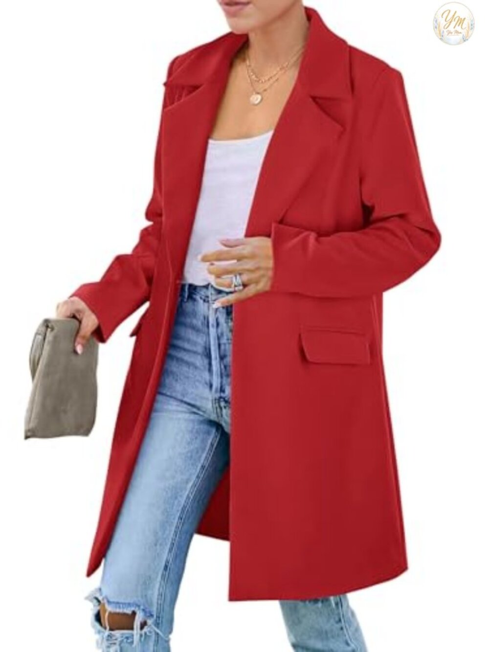 Womens Long Blazer Jacket Notch Lapel Padded Shoulder Flap Pockets